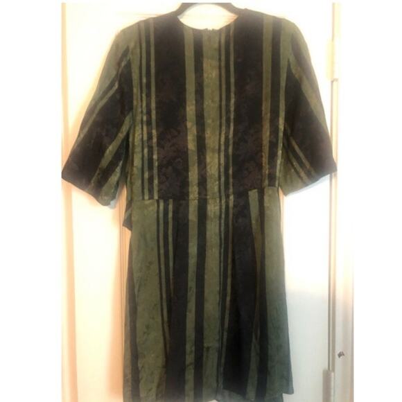 Zara Tie Knot Jacquard Satin Green Black Mini Wrap Striped Retro Dress Sz Large - Picture 5 of 13
